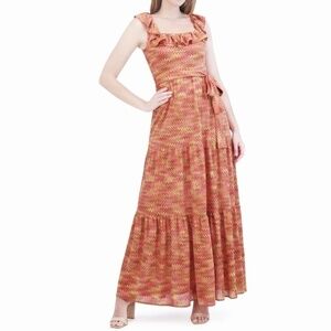 Eliza‎ J - Chevron Stripe Tiered Knit Ruffle Maxi Dress.